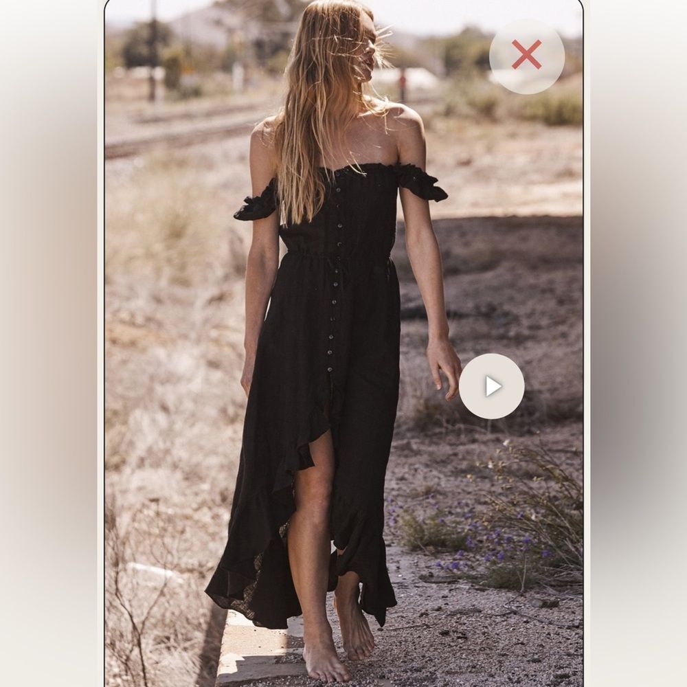Auguste The Label Willow Day Black Off-Shoulder Ruffle Hi-Lo Boho Maxi Dress